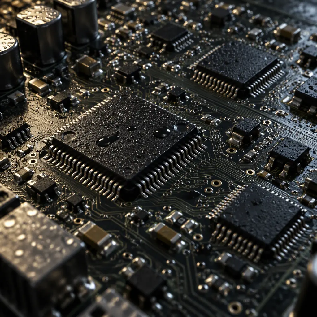 Macro inspection view of a fine-pitch printed circuit board conductor pair under magnification