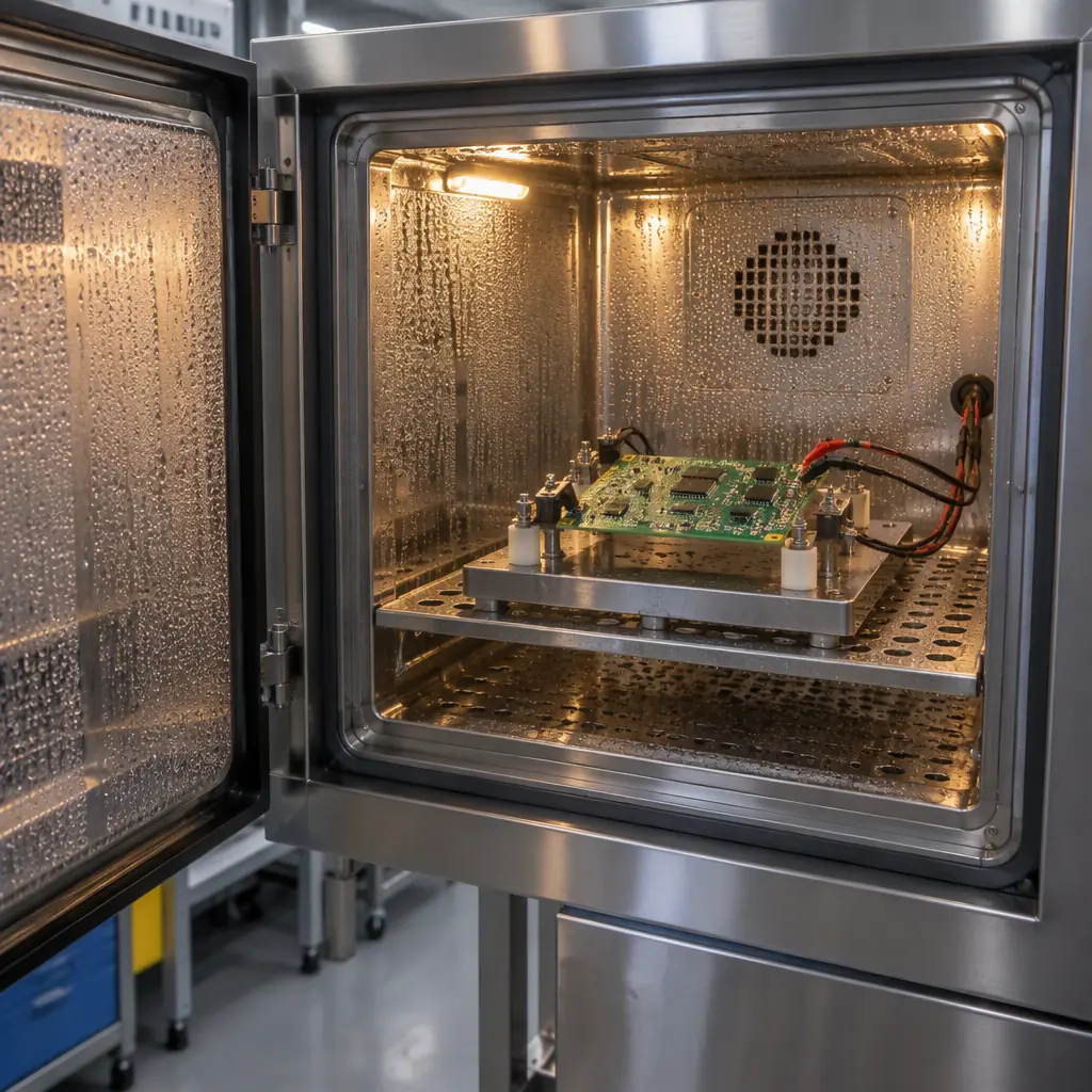 Environmental test chamber used for humidity and bias testing of printed circuit board assemblies