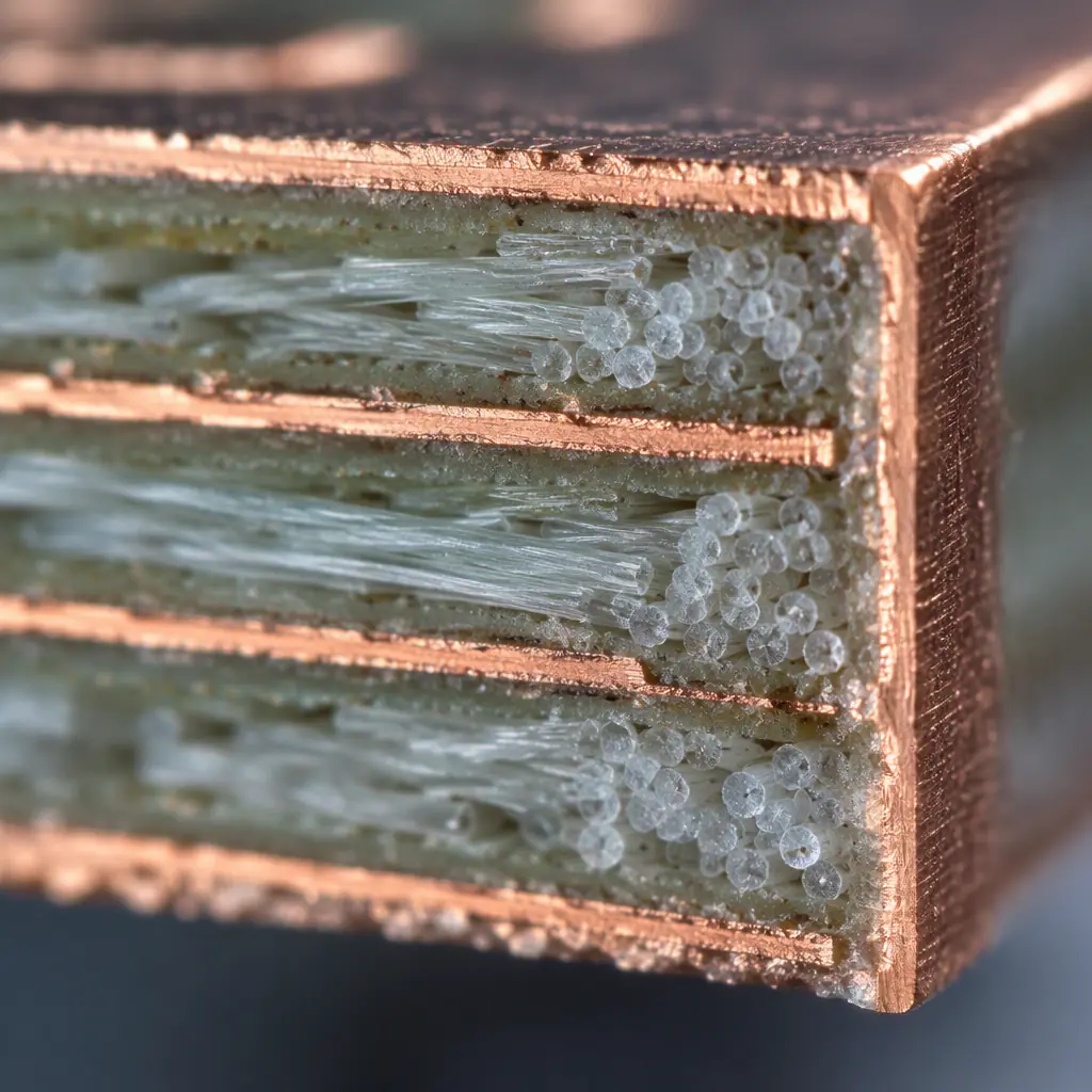 Macro view of a plated copper board edge on a multilayer printed circuit board showing continuous metal around the perimeter