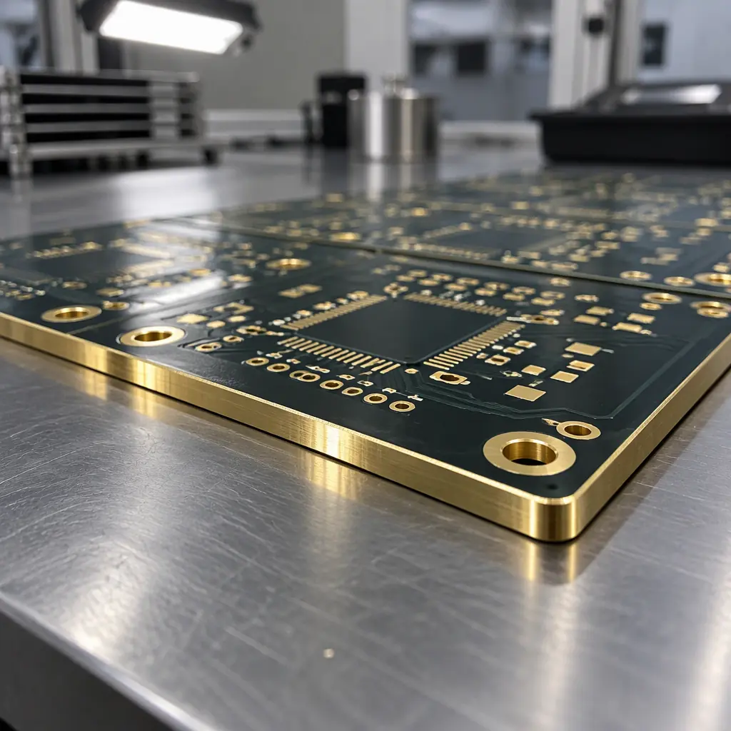 Close inspection view of a routed printed circuit board laminate edge showing glass fibre ends and internal copper layers