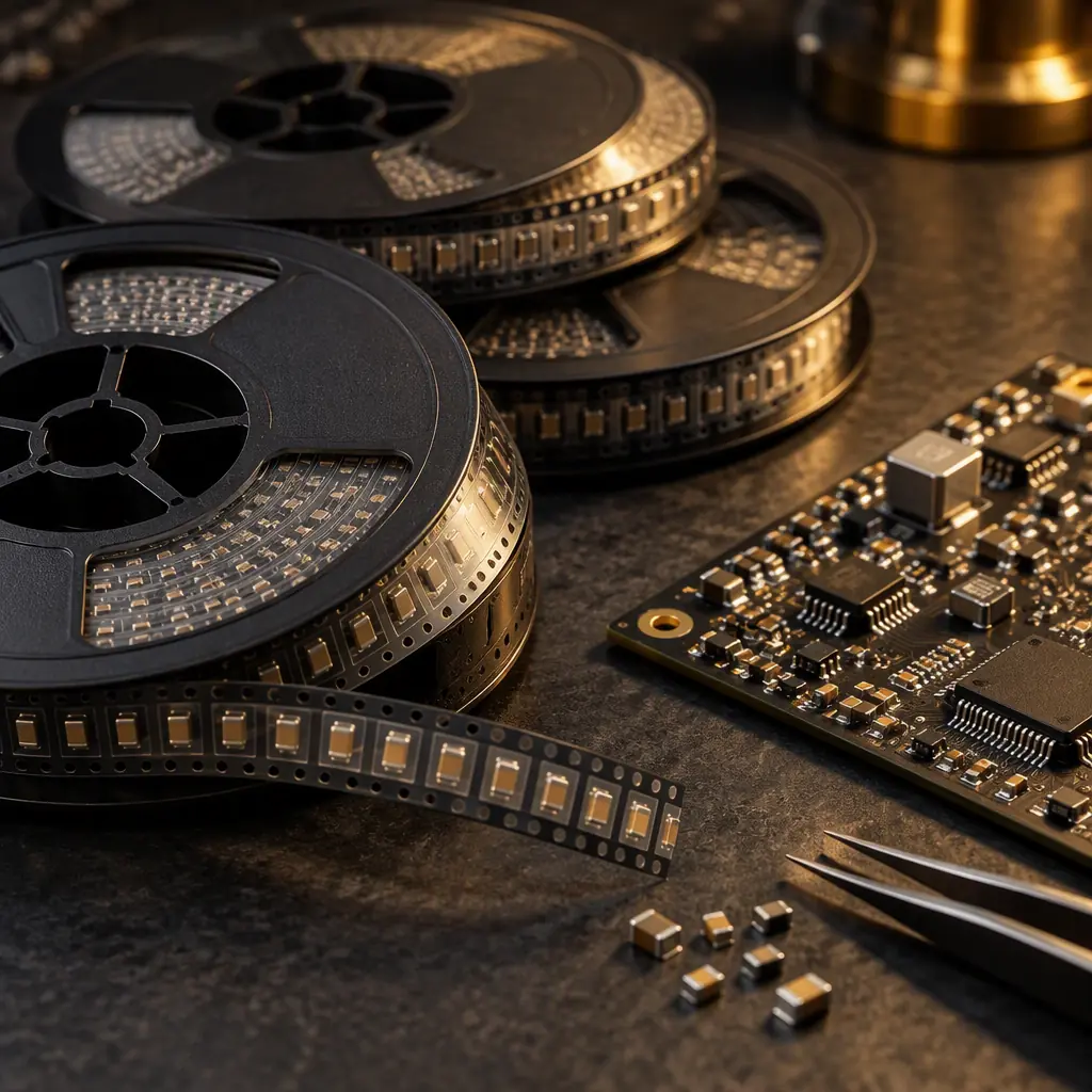 Macro photo of reels of surface mount electronic components with component tape feeders on a dark industrial surface, illustrating BOM component inventory