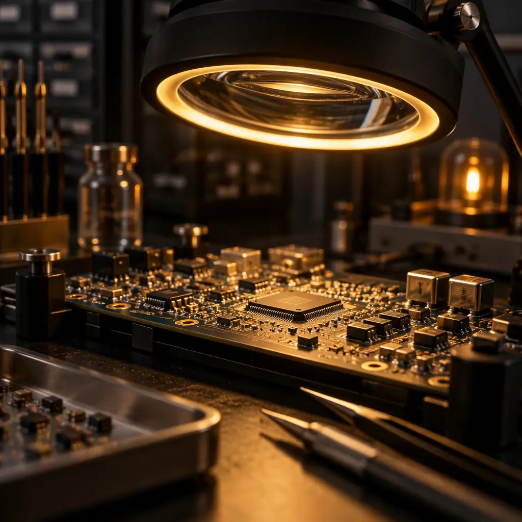 Studio macro photo of surface mount component reels and a printed circuit board assembly on a dark surface with cool industrial lighting, representing component supply planning