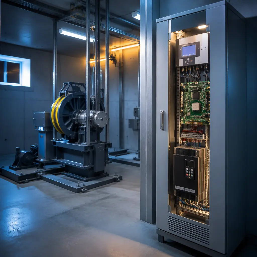 Elevator control cabinet PCBs in a machine room with VFD drive and safety relay boards