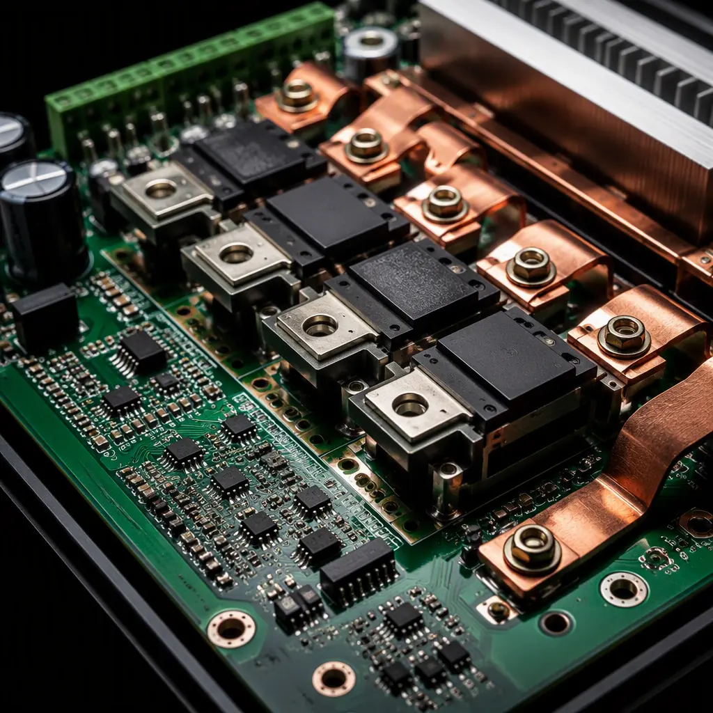 Elevator VFD drive PCB with IGBT power stage, bus capacitors and gate driver section