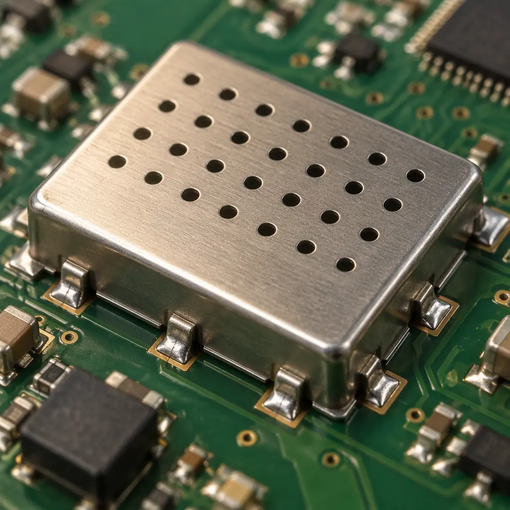 Photorealistic macro photograph of a stamped metal EMI shield can soldered onto a green PCB, showing the perforated vent pattern and peripheral solder tabs