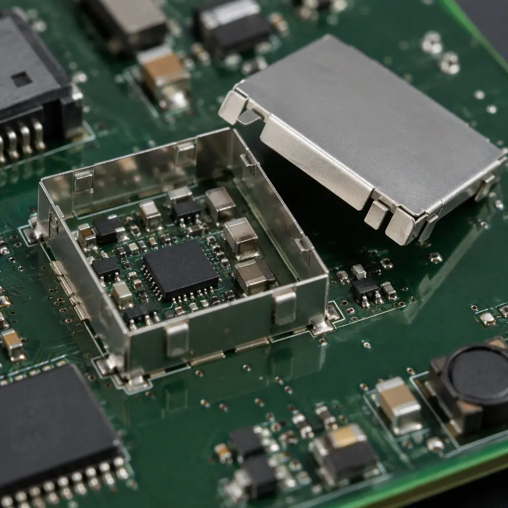 Photorealistic photograph of a two-piece fence-and-lid EMI shield on a PCB, the fence soldered to the board and the lid lifted to one side showing the clip retention