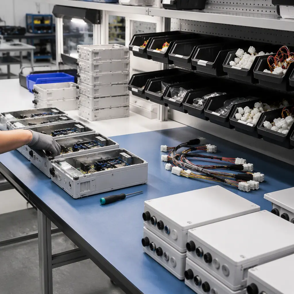 Photorealistic render of an electronics box-build assembly station with enclosure, cable harnesses and final product integration