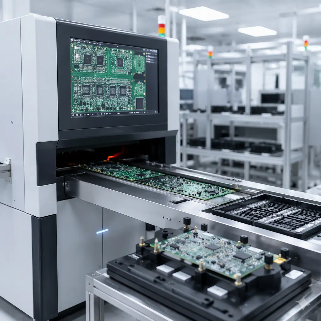 Photorealistic render of a quality inspection station in an electronics factory with AOI machines and test fixtures
