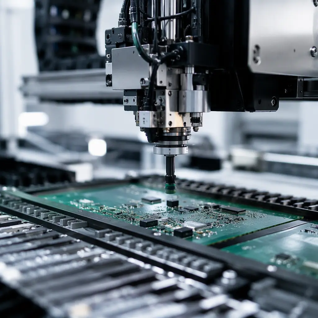 Photorealistic render of a modern SMT assembly line with pick-and-place machines and reflow oven in an electronics factory