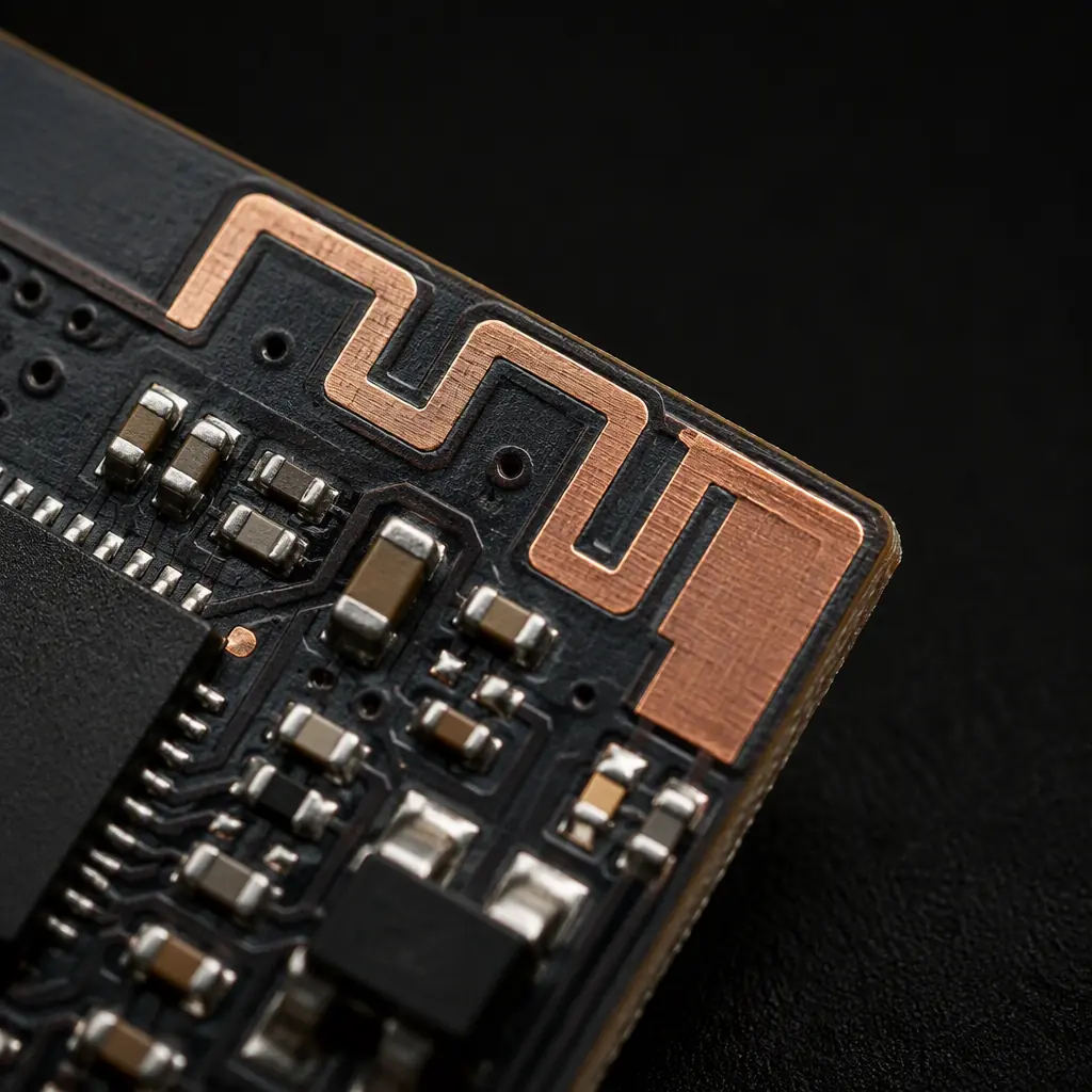 Close-up of a PCB trace antenna and matching network on a battery-free wireless sensor node