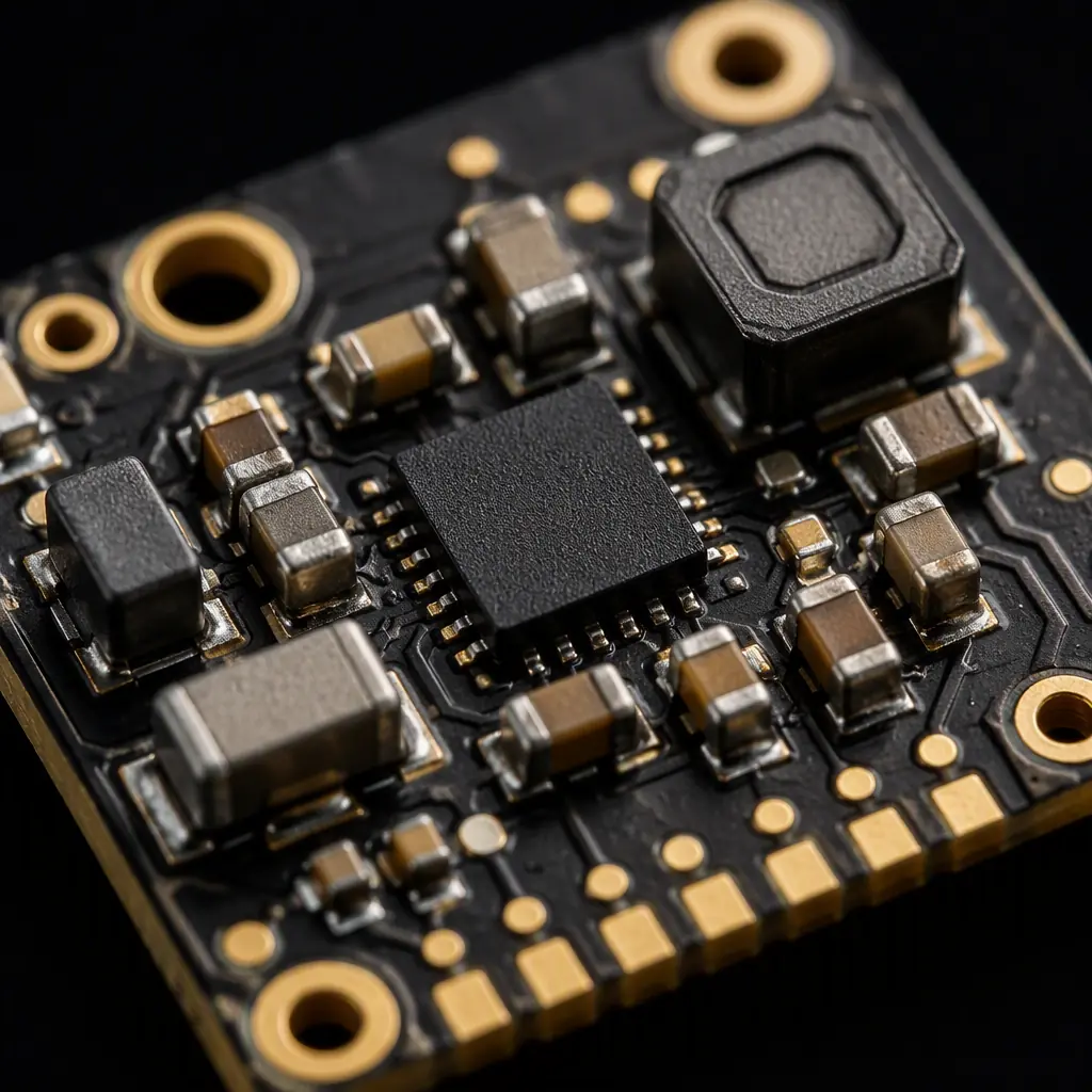 Macro shot of an ultra-low-power energy harvesting PMIC circuit on a compact IoT sensor PCB