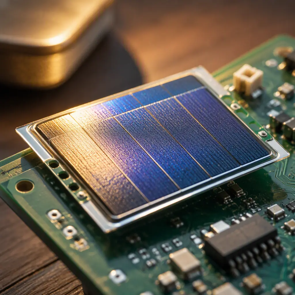 Small indoor solar panel on a wireless sensor node PCB harvesting energy from ambient office light