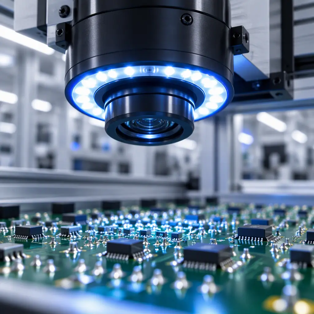 Macro photograph of an automated optical inspection system head scanning a populated circuit board, with blue and white illumination reflecting off solder joints