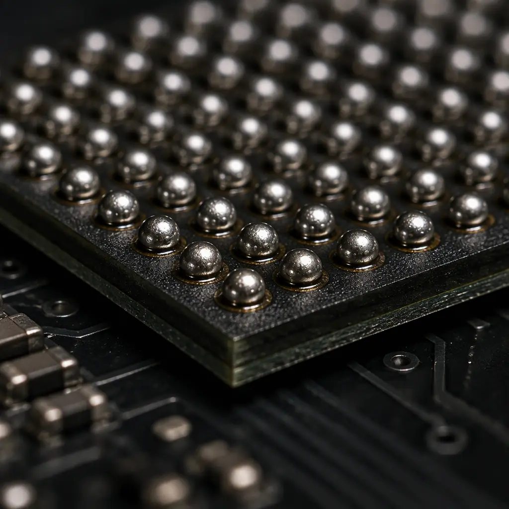 Macro photograph of a ball grid array package site on a dark circuit board, showing rows of solder spheres under raking light with deep shadows revealing the array structure