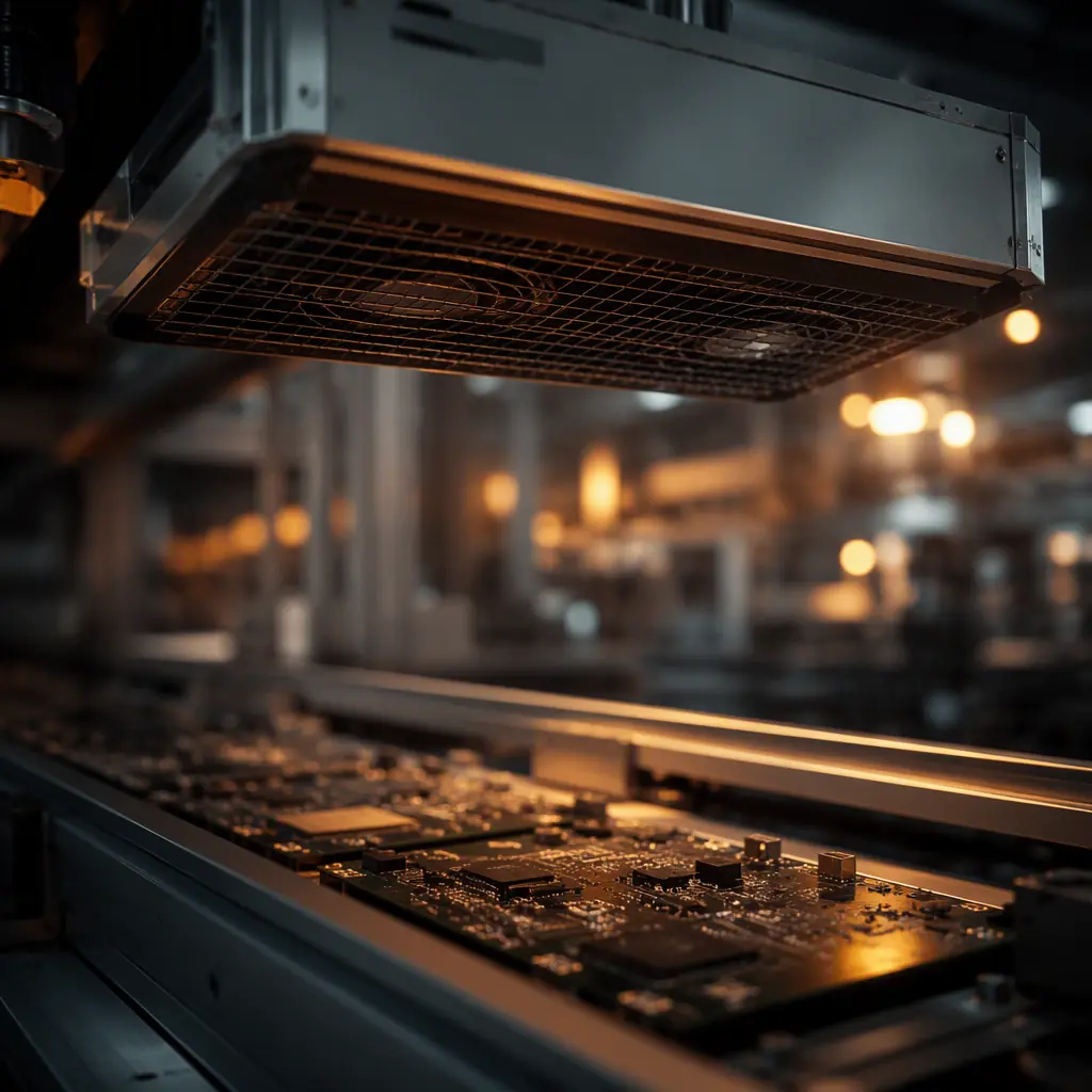 Industrial ionizing blower mounted above an electronics assembly line with airflow over dark circuit boards