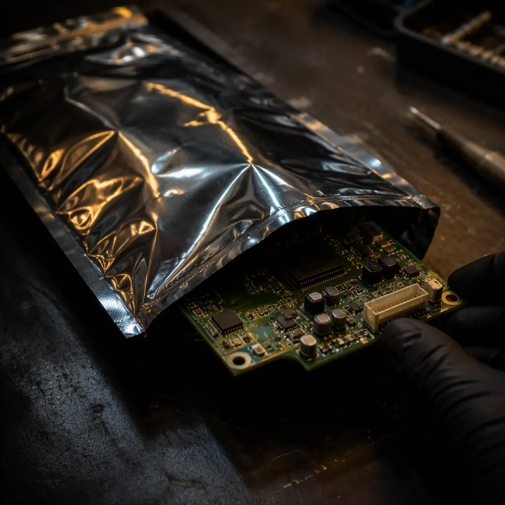 Assembled circuit board being placed into a dark anti-static shielding bag on a workbench