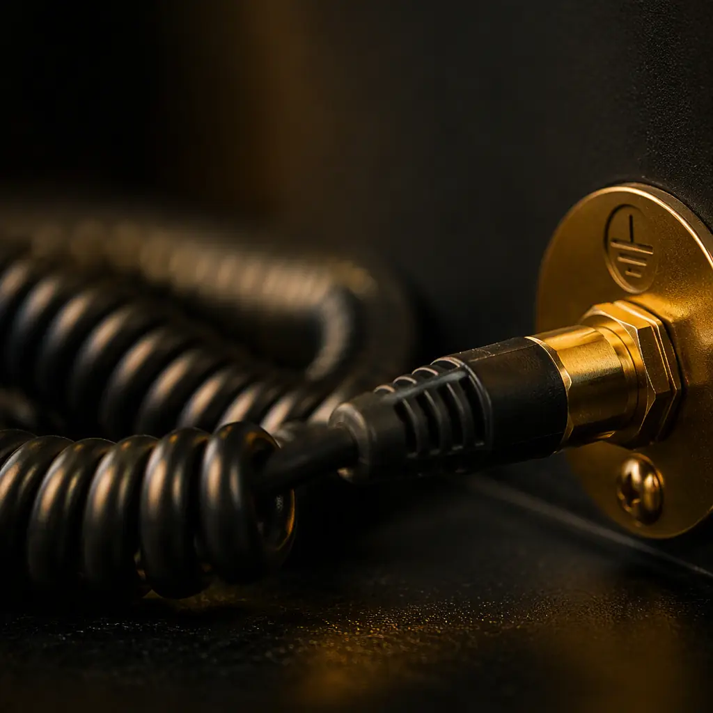 Macro view of an ESD wrist strap coil cord plugged into a grounding point on a dark workbench