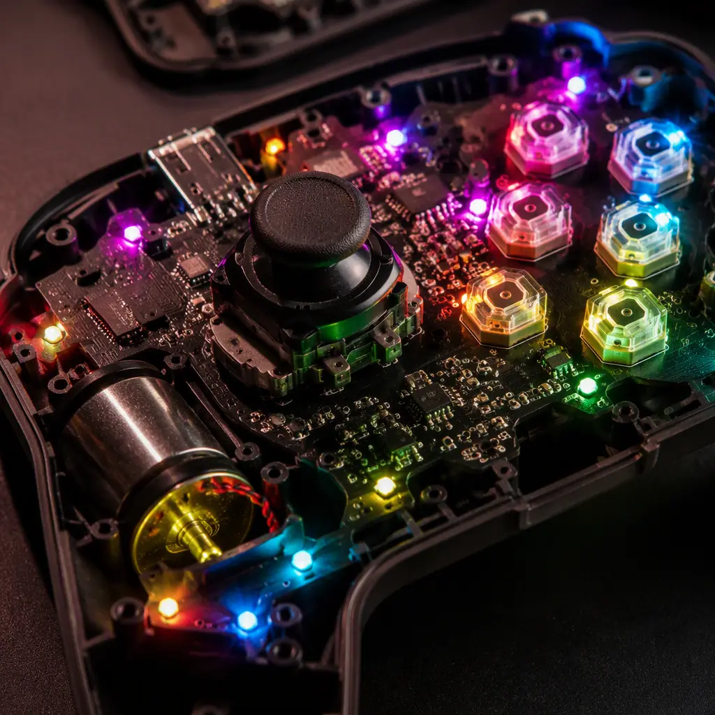 Esports gaming controller PCB showing analog stick, haptic motor and button matrix with a full RGB illumination layout