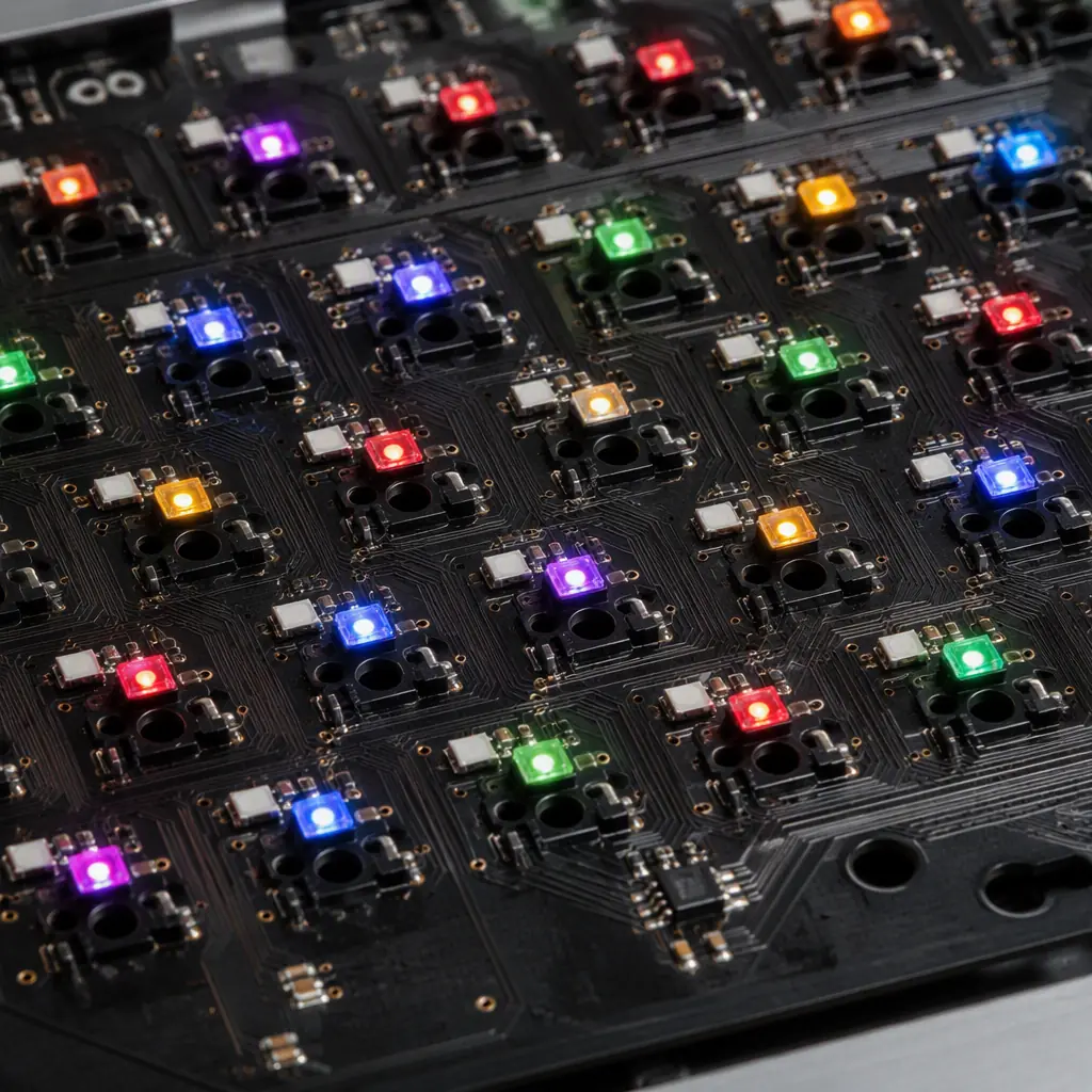 Close-up of an esports gaming keyboard PCB showing per-key RGB LEDs, switch sockets and a dense key matrix