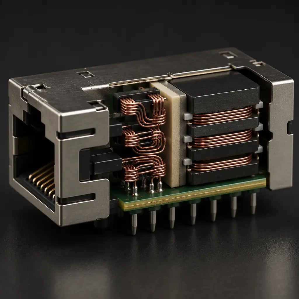 Photorealistic cutaway of an ethernet magnetics module showing the isolation barrier, winding structure and transformer core sections