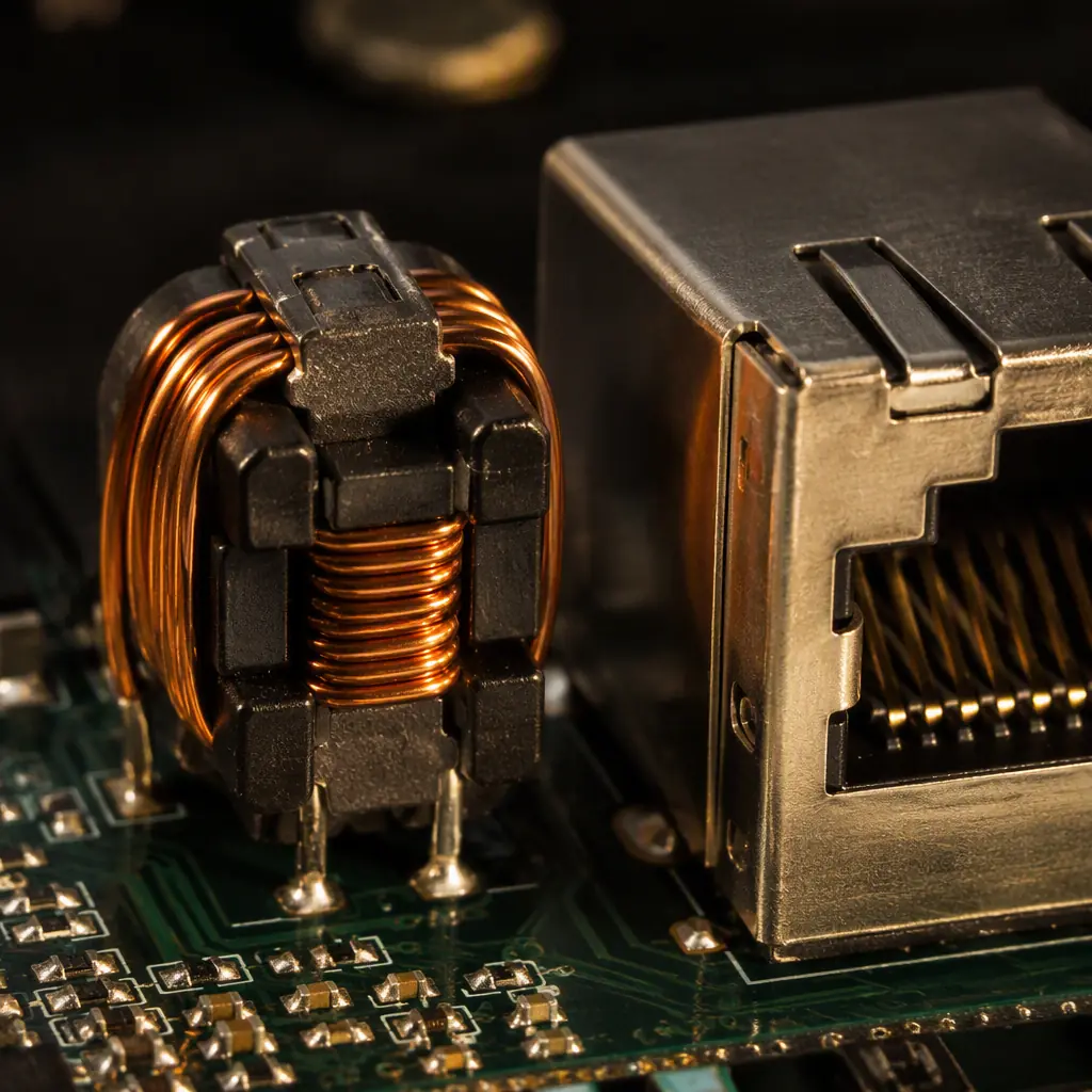 Wire-wound common-mode choke beside a shielded network connector on a PCB, micro view in an industrial setting