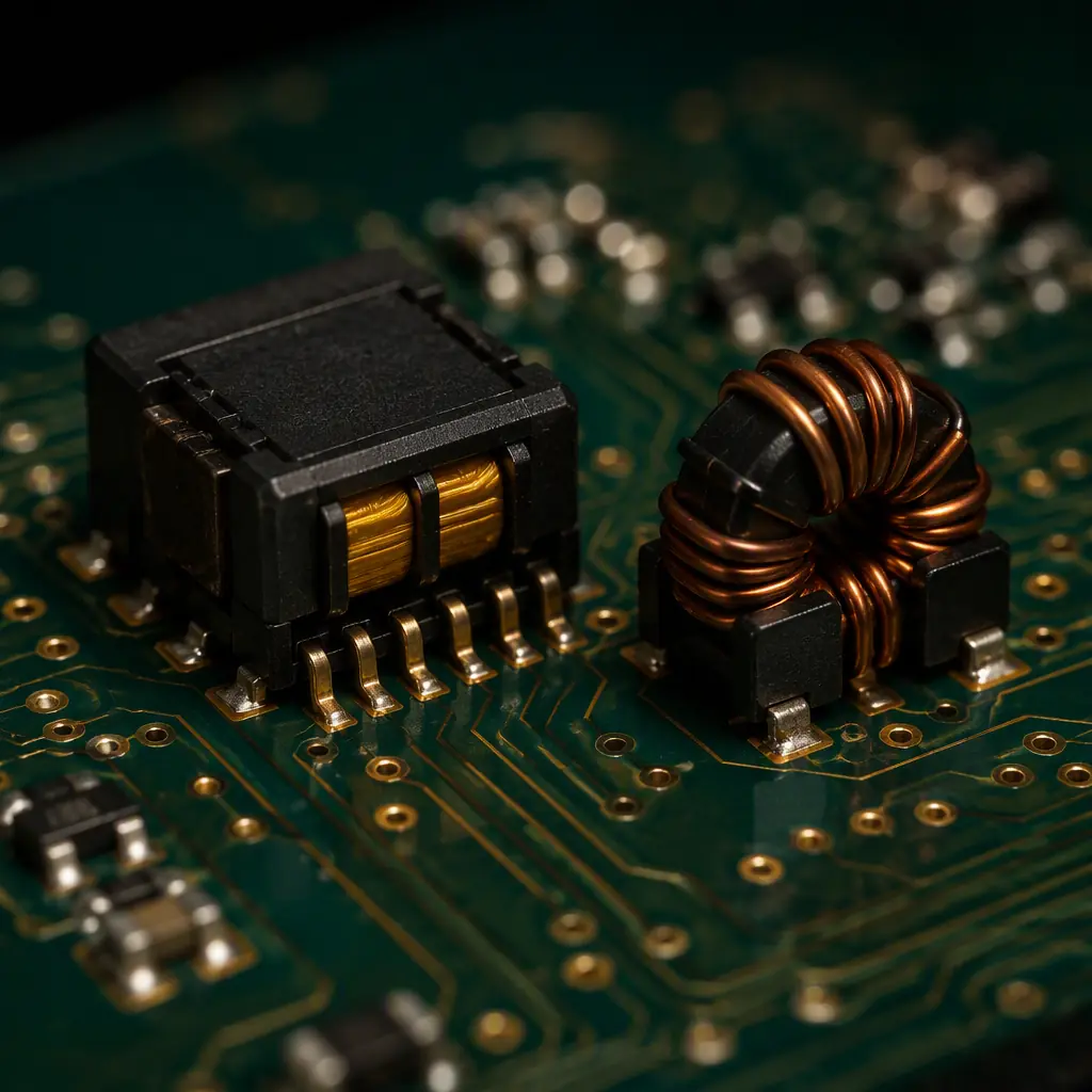 A surface-mount LAN isolation transformer and wire-wound common-mode choke soldered onto a green PCB, shown in macro close-up with golden pins