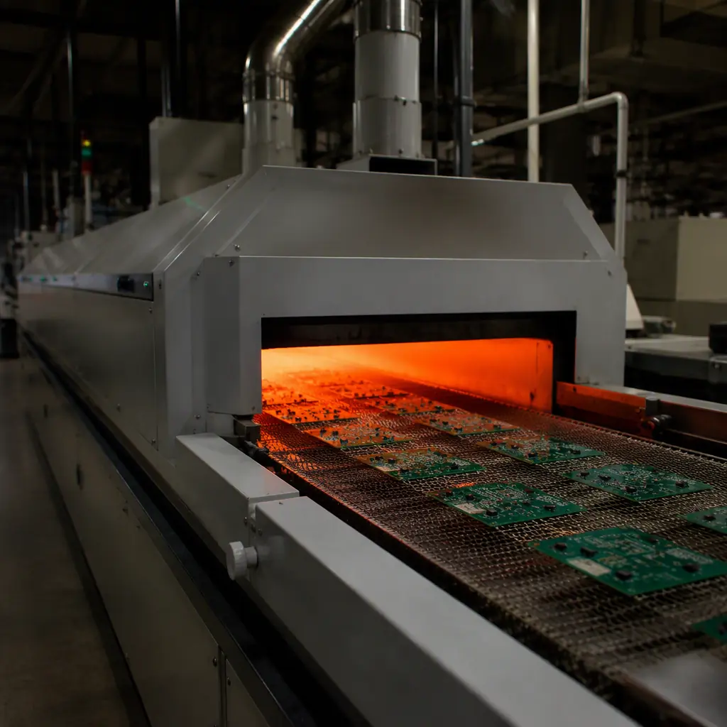 Reflow soldering oven line processing Ethernet gateway boards in a modern PCB factory