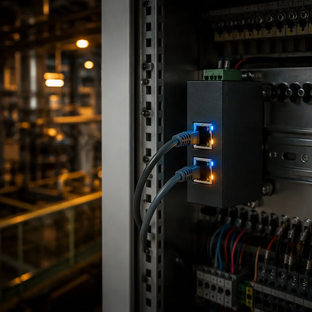 Concept photo of an industrial gateway with Ethernet ports in a factory automation cabinet with blue LED indicators