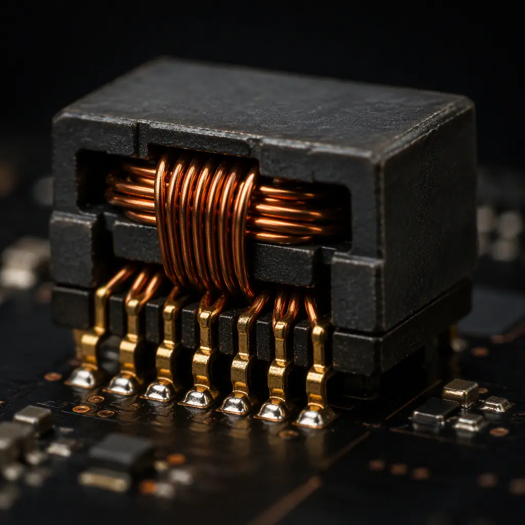 Macro photo of an Ethernet magnetics module and PHY chip on an industrial gateway PCB with gold-plated pads