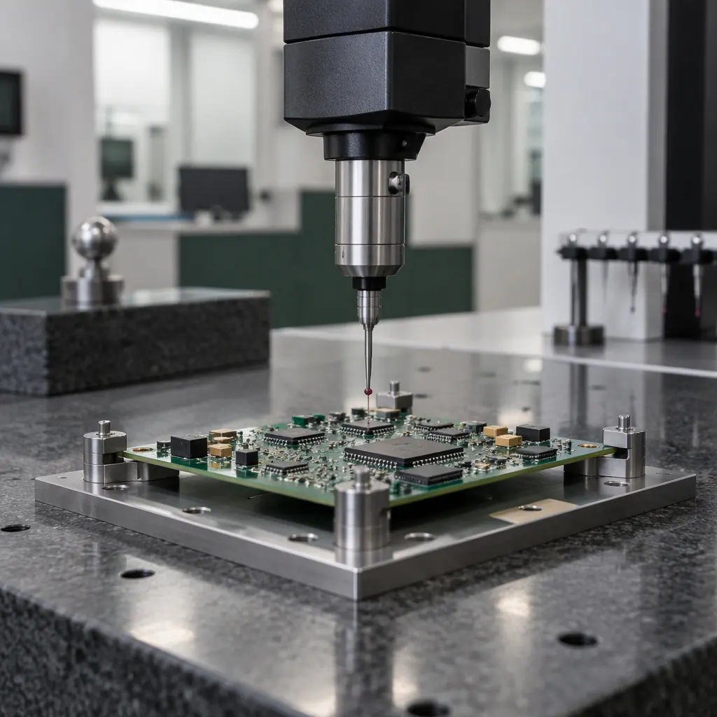 Photograph of a coordinate measuring machine inspecting a populated circuit board on a granite stage in a metrology laboratory