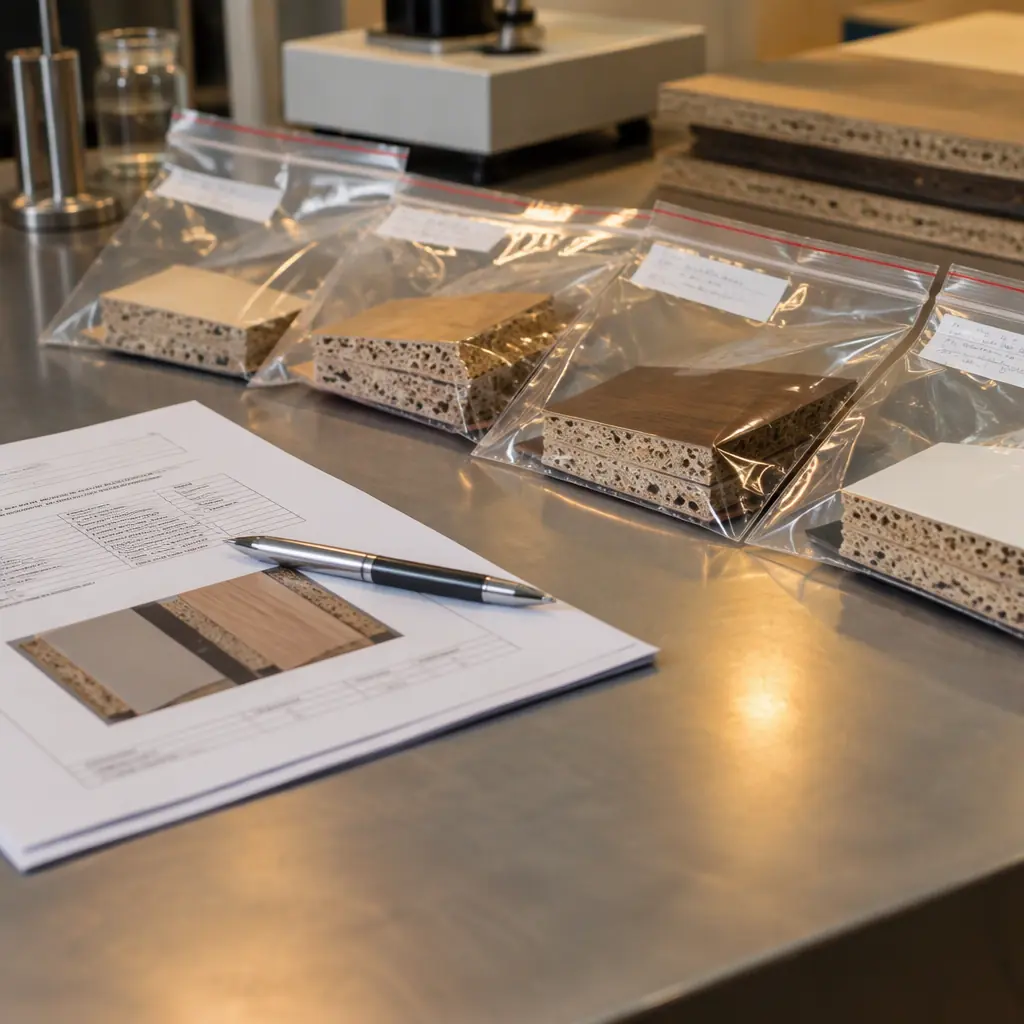 Laboratory bench with cross-sectioned samples in labelled bags, printed photographs and a report form