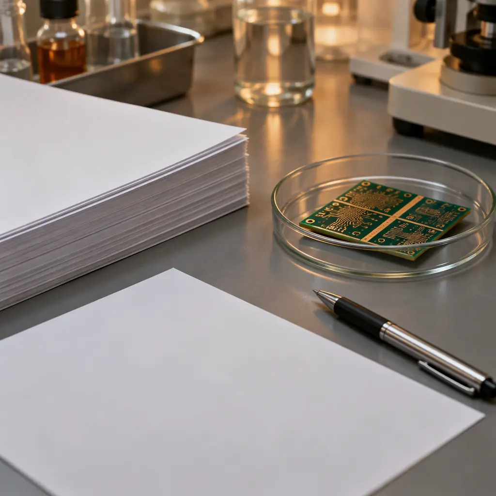 Printed defect pareto and cost summary on a desk beside a notebook and a circuit board sample