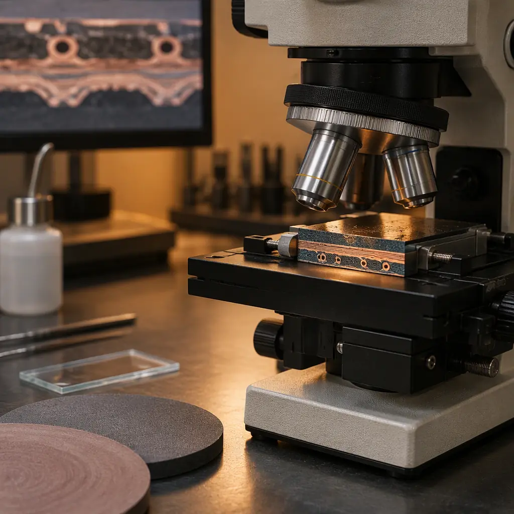 Metallurgical microscope over a cross-sectioned circuit board sample in a laboratory