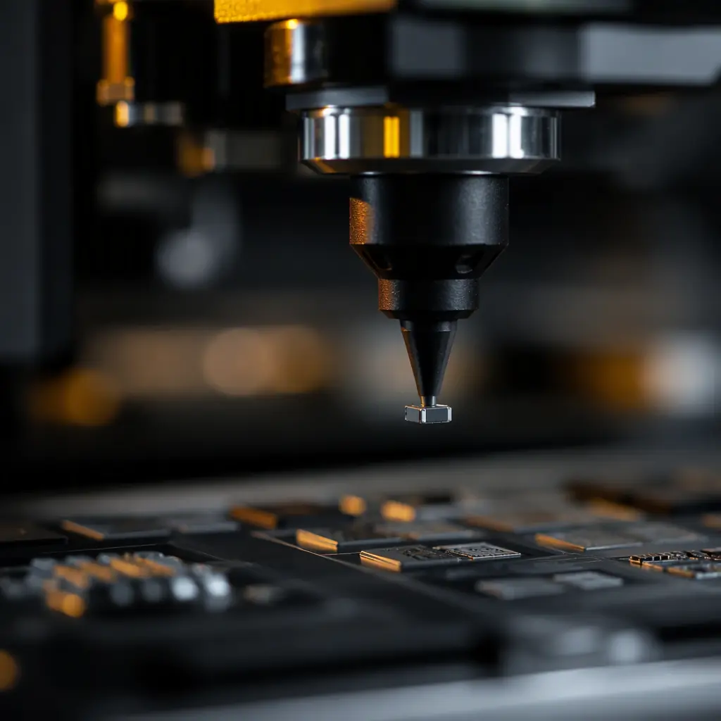 Pick-and-place vacuum nozzle holding a tiny 0201 chip component above a PCB pad in a dark factory
