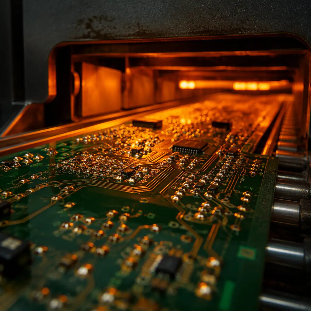 Circuit board emerging from a reflow oven tunnel with molten gold solder joints gleaming