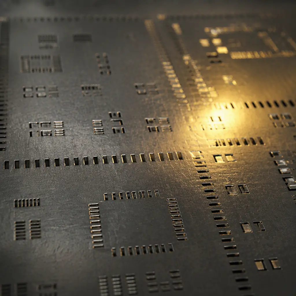Macro view of a laser-cut stainless steel SMT stencil with ultra-fine rectangular apertures