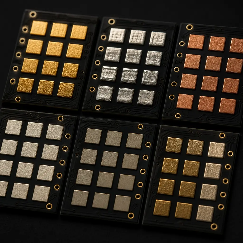 Six PCB surface finishes compared side by side