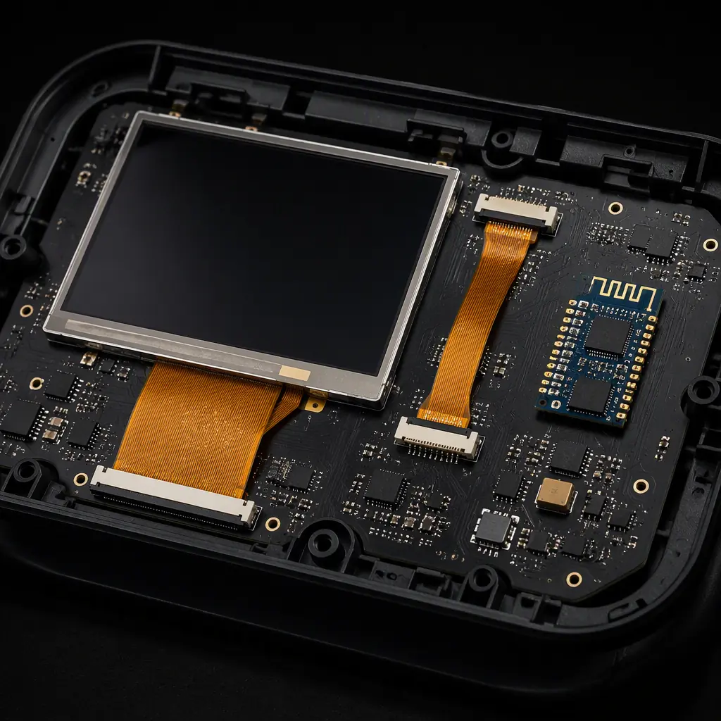 Photorealistic render of a fitness equipment console board with TFT display connector and touch panel FPC