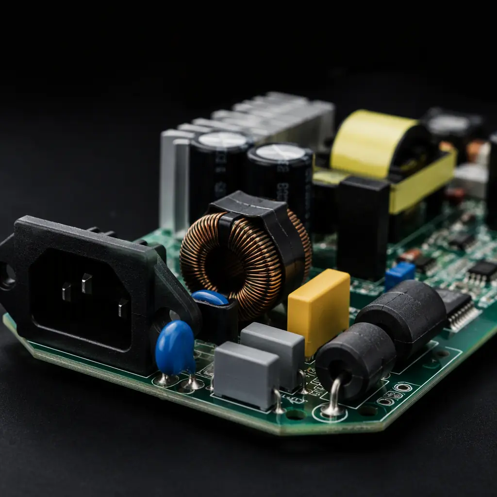 Photorealistic render of a fitness equipment PCB with EMI filter section, common-mode choke and Y-capacitors at the AC input
