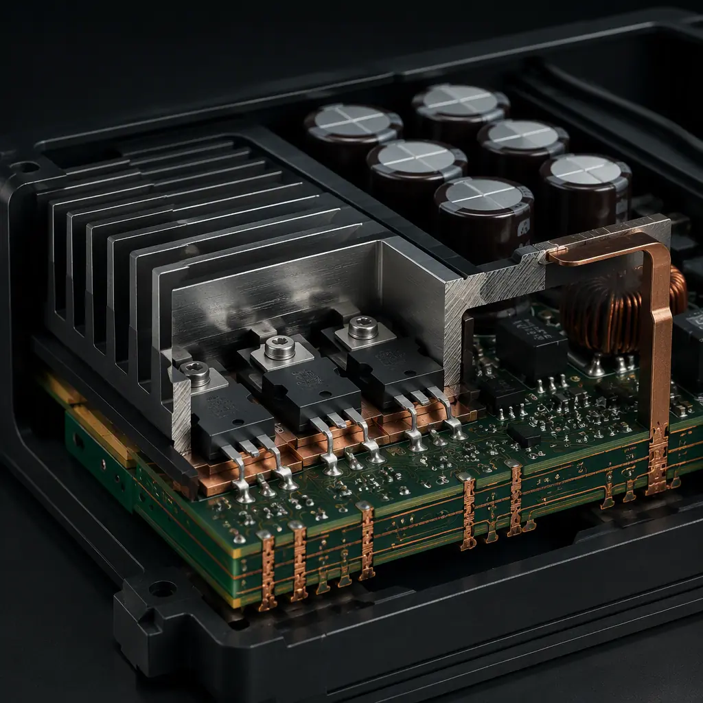 Photorealistic macro render of a treadmill motor drive section with IGBT power transistors and large bus capacitors