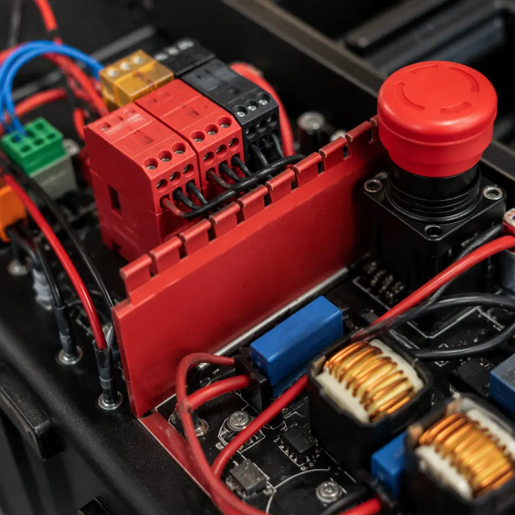 Photorealistic close-up of a safety relay and emergency stop circuit on a fitness equipment control board