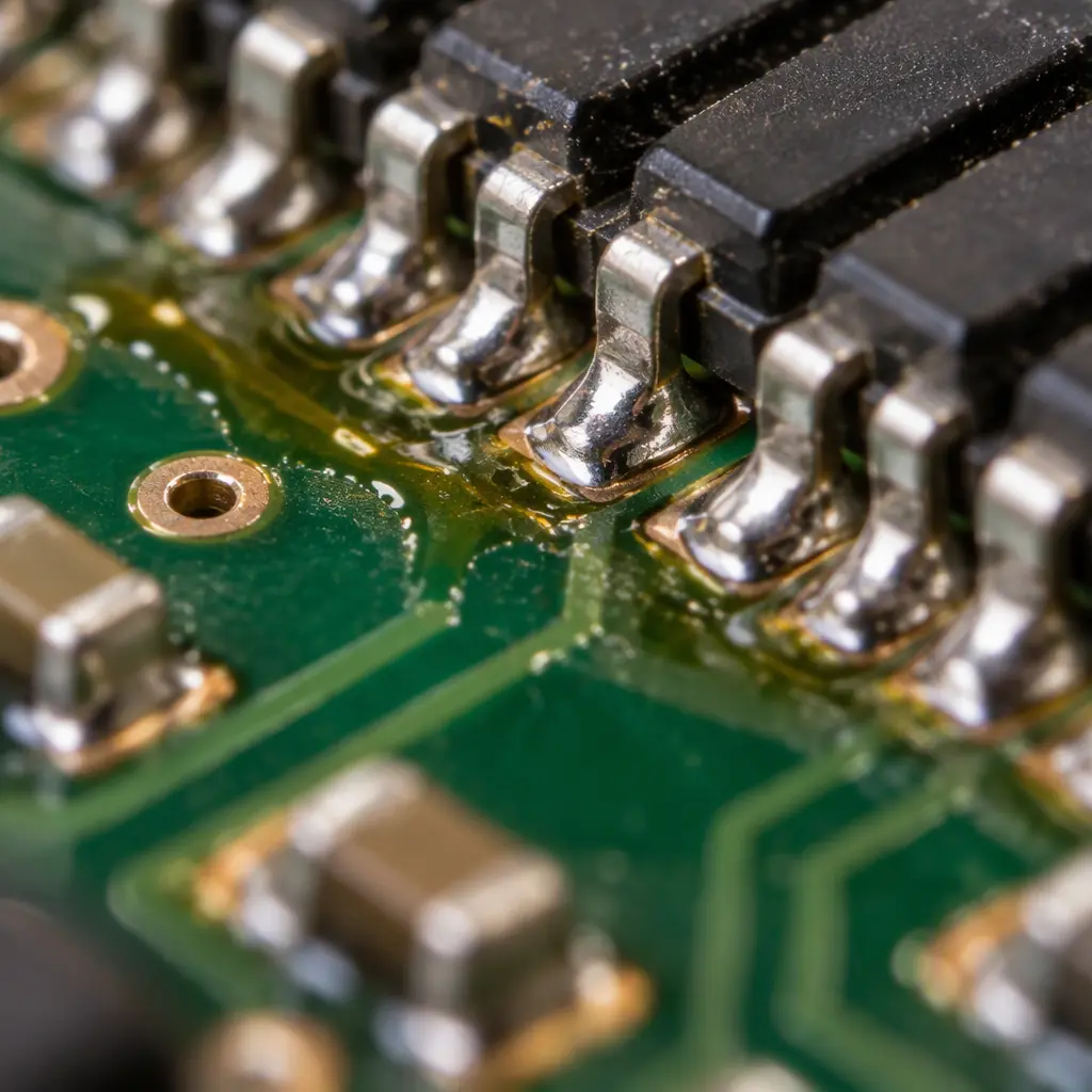Photorealistic macro photograph of a freshly reflowed PCB surface showing solder joints and a thin translucent flux residue under studio light, no text, no people