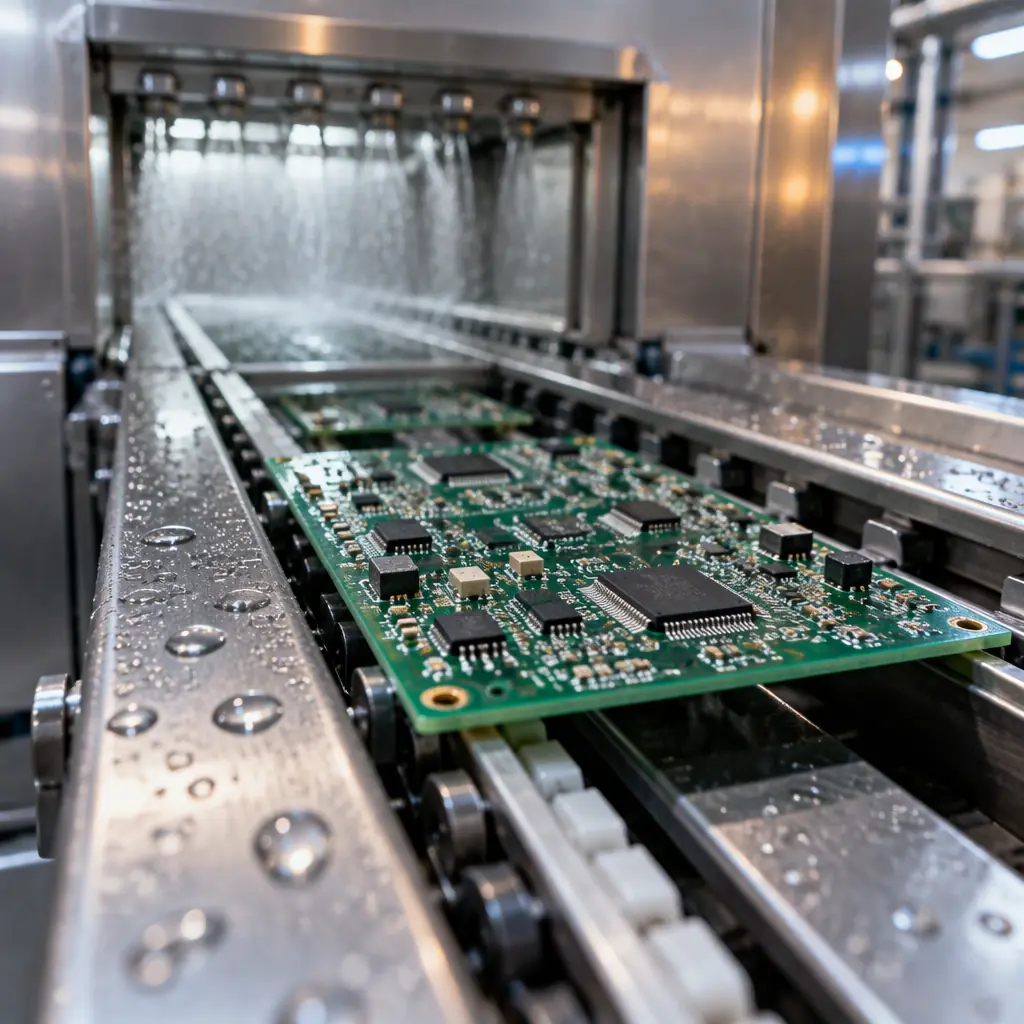 Photorealistic photograph of an inline aqueous cleaning machine in a PCB assembly factory with a board emerging clean and dry, stainless steel interior, no people