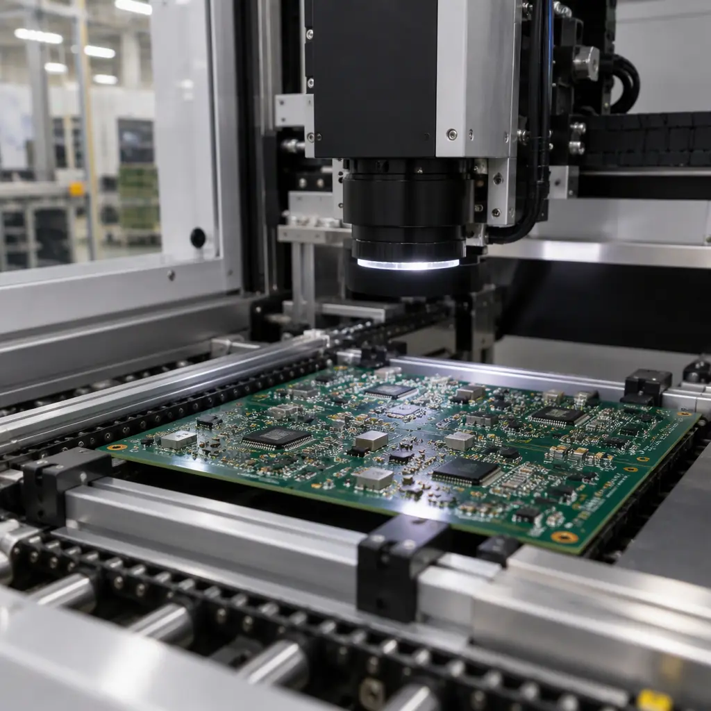 Automatic optical inspection station reviewing populated printed circuit board assemblies on a production line