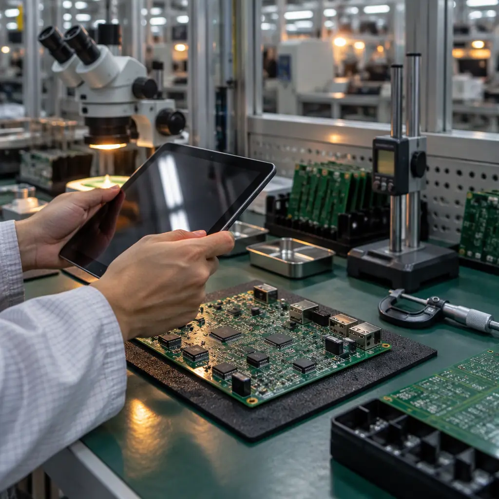 Engineers reviewing process documentation on a tablet beside a printed circuit board assembly line