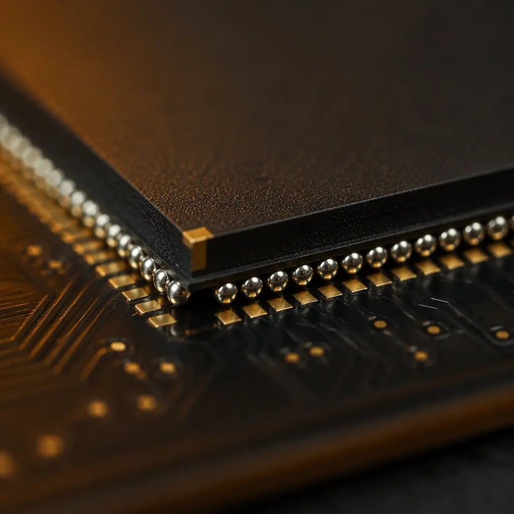 Macro photograph of a large fine-pitch BGA package soldered onto a dark PCB with gold pad edges