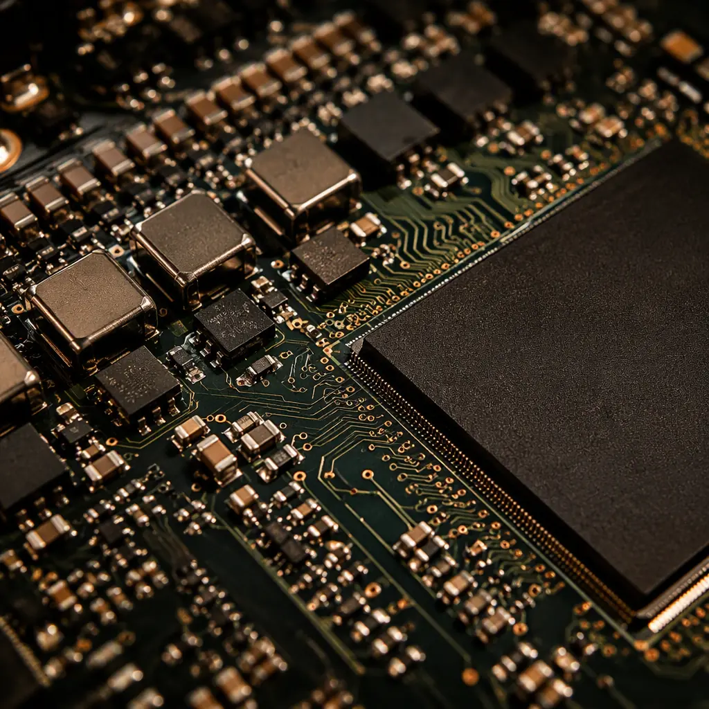 Macro photograph of the power delivery section of an FPGA board with inductors and dense decoupling capacitors around a large BGA
