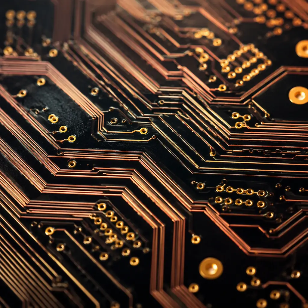 Macro photograph of dense high-speed differential pair routing on a multilayer FPGA board surface
