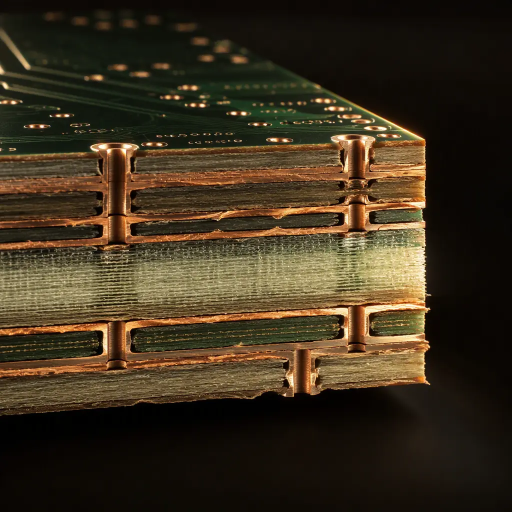 Photorealistic cross-section of a multilayer PCB showing stacked copper layers and microvias