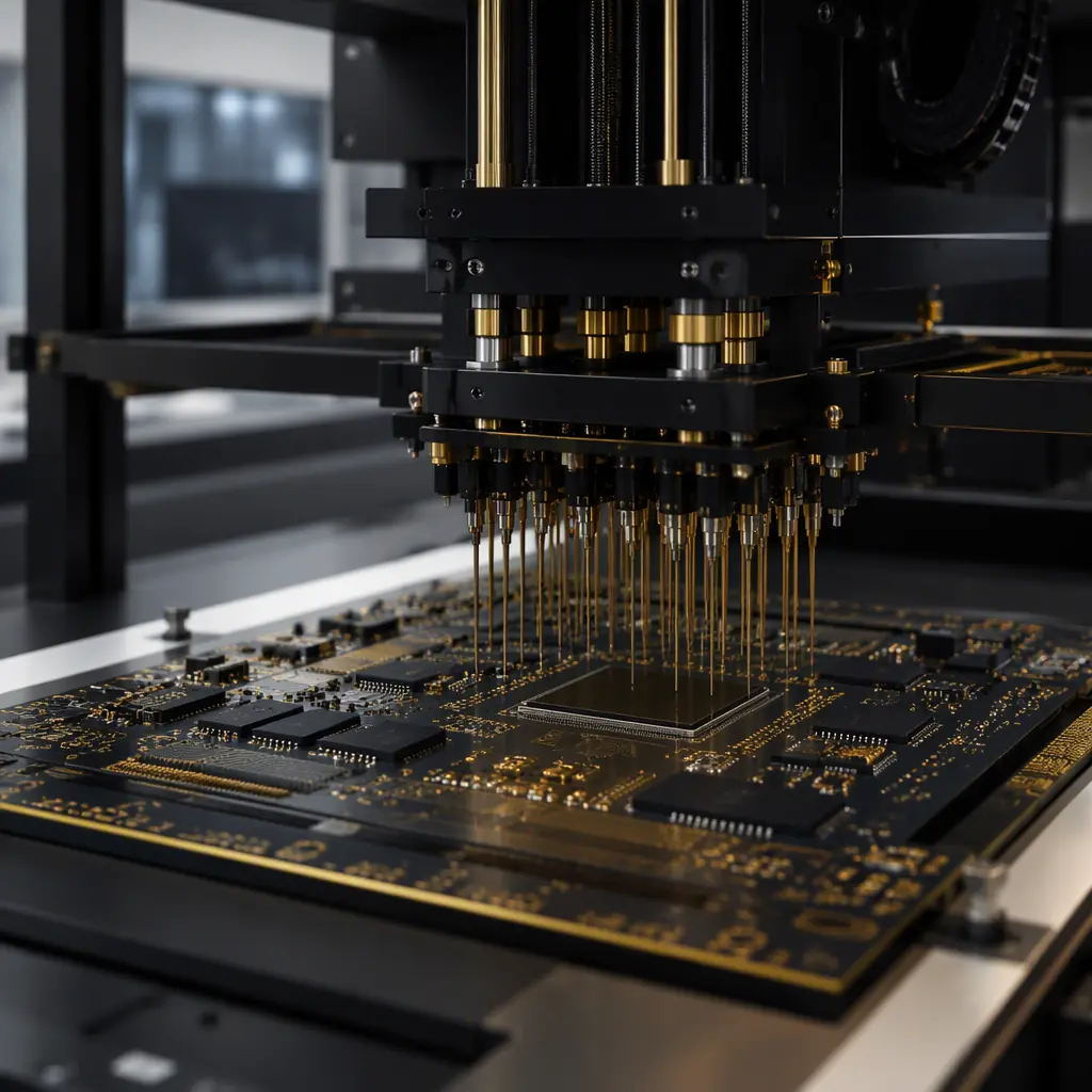 Photorealistic render of a flying probe test machine probing a large BGA circuit board in a clean test lab